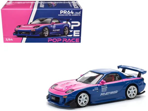 Mazda RX-7 RE-Amemiya Widebody RHD (Right Hand Drive) Blue with Pink Hood and Stripes 1/64 Diecast Model Car by Pop Race #1