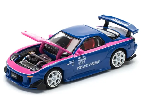 Mazda RX-7 RE-Amemiya Widebody RHD (Right Hand Drive) Blue with Pink Hood and Stripes 1/64 Diecast Model Car by Pop Race #2