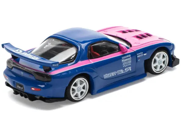 Mazda RX-7 RE-Amemiya Widebody RHD (Right Hand Drive) Blue with Pink Hood and Stripes 1/64 Diecast Model Car by Pop Race #4