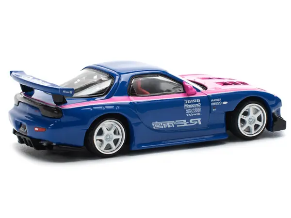 Mazda RX-7 RE-Amemiya Widebody RHD (Right Hand Drive) Blue with Pink Hood and Stripes 1/64 Diecast Model Car by Pop Race #5