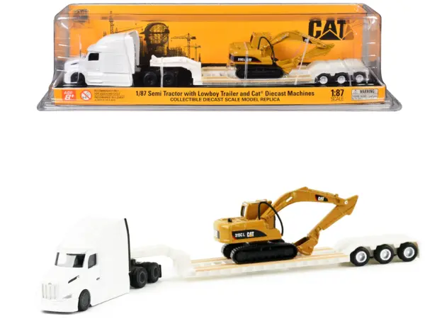 Peterbilt 579 Tractor White with Lowboy Trailer and CAT 315C Excavator Yellow 1/87 (HO) Diecast Model by Diecast Masters #1