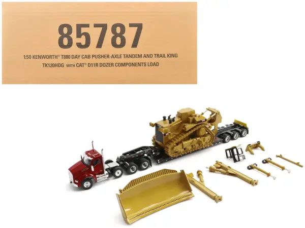 Kenworth T880 Day Cab Red and Trail King TK120 Lowboy Trailer with CAT Caterpillar D11R Dozer and Components Load "Transport Series" 1/50 Diecast Model by Diecast Masters #1