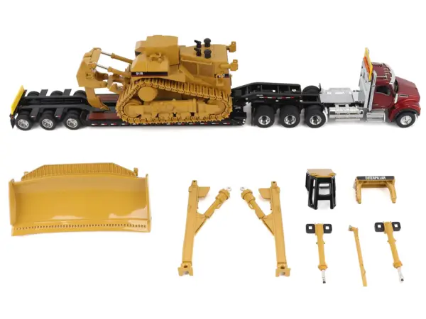 Kenworth T880 Day Cab Red and Trail King TK120 Lowboy Trailer with CAT Caterpillar D11R Dozer and Components Load "Transport Series" 1/50 Diecast Model by Diecast Masters #4