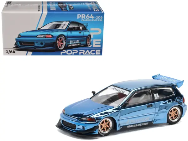Pandem Civic EG6 RHD (Right Hand Drive) Blue Chrome 1/64 Diecast Model Car by Pop Race #1