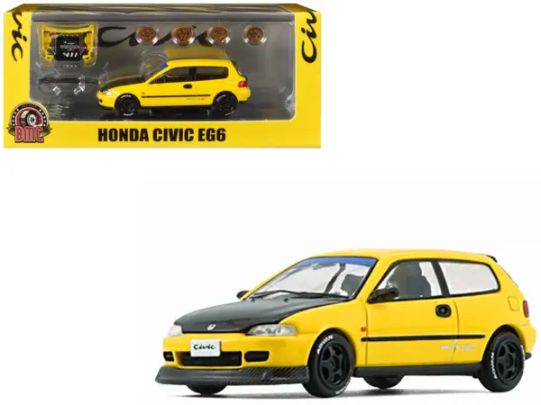 Honda Civic EG6 RHD (Right Hand Drive) Yellow with Carbon Hood with Alternates 1/64 Diecast Model Car by BM Creations #1
