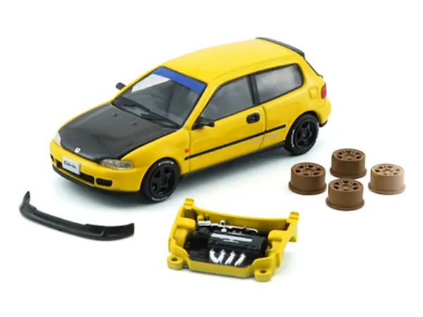 Honda Civic EG6 RHD (Right Hand Drive) Yellow with Carbon Hood with Alternates 1/64 Diecast Model Car by BM Creations #2