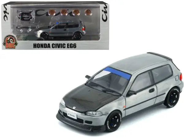 Honda Civic EG6 RHD (Right Hand Drive) Raw Metal with Carbon Hood with Alternates 1/64 Diecast Model Car by BM Creations #1
