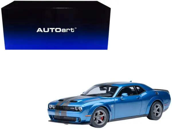 2023 Dodge Challenger SRT Super Stock Frostbite Blue Metallic with Carbon Stripes 1/18 Model Car by Autoart #1