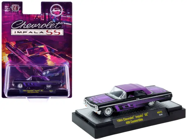 1964 Chevrolet Impala SS 409 Convertible Black Metallic with Purple Graphics and Purple Soft Top Limited Edition to 11000 pieces Worldwide 1/64 Diecast Model Car by M2 Machines #1