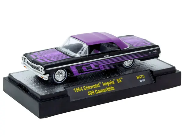 1964 Chevrolet Impala SS 409 Convertible Black Metallic with Purple Graphics and Purple Soft Top Limited Edition to 11000 pieces Worldwide 1/64 Diecast Model Car by M2 Machines #2