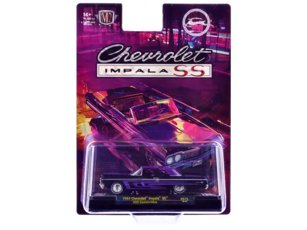 1964 Chevrolet Impala SS 409 Convertible Black Metallic with Purple Graphics and Purple Soft Top Limited Edition to 11000 pieces Worldwide 1/64 Diecast Model Car by M2 Machines #3