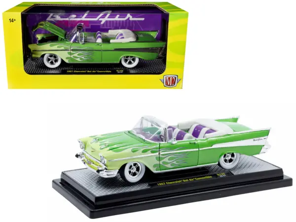 1957 Chevrolet Bel Air Convertible Green Metallic with Flame Graphics and Purple and White Interior Limited Edition to 4050 pieces Worldwide 1/24 Diecast Model Car by M2 Machines #1