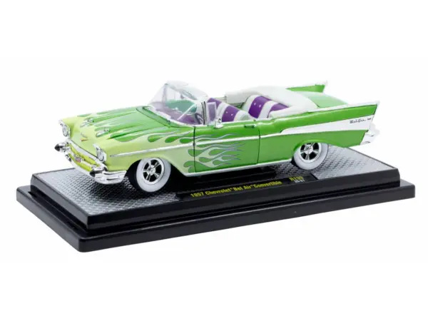 1957 Chevrolet Bel Air Convertible Green Metallic with Flame Graphics and Purple and White Interior Limited Edition to 4050 pieces Worldwide 1/24 Diecast Model Car by M2 Machines #2