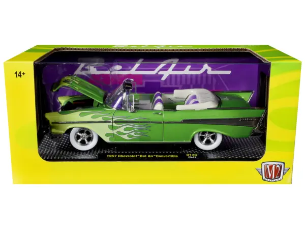 1957 Chevrolet Bel Air Convertible Green Metallic with Flame Graphics and Purple and White Interior Limited Edition to 4050 pieces Worldwide 1/24 Diecast Model Car by M2 Machines #3
