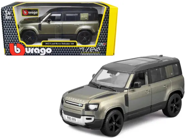2022 Land Rover Defender 110 Green Metallic with Black Top and Sunroof 1/24 Diecast Model Car by Bburago #1