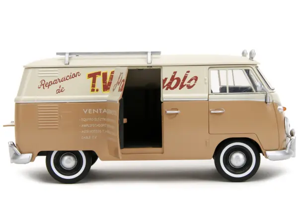 Volkswagen Bus "WheelJack" Tan and Beige "Frank's TV Repair" and Transformers Logo Diecast Statue "Transformers: Rise of the Beasts" (2023) Movie "Hollywood Rides" Series 1/24 Diecast Model Car by Jada #4
