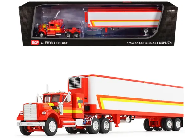 White Western Star 4900 with 36" Vintage Flat Top Sleeper and Wilson 40' Vintage Refridgerated Trailer Red and White with Stripes 1/64 Diecast Model by DCP/First Gear #1