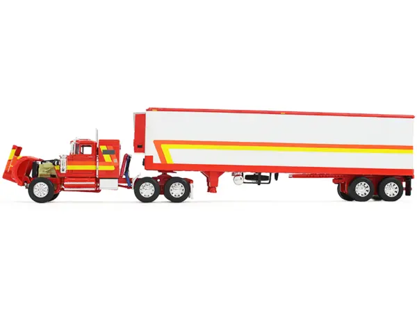 White Western Star 4900 with 36" Vintage Flat Top Sleeper and Wilson 40' Vintage Refridgerated Trailer Red and White with Stripes 1/64 Diecast Model by DCP/First Gear #2