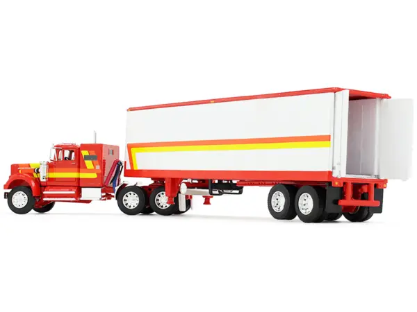 White Western Star 4900 with 36" Vintage Flat Top Sleeper and Wilson 40' Vintage Refridgerated Trailer Red and White with Stripes 1/64 Diecast Model by DCP/First Gear #4