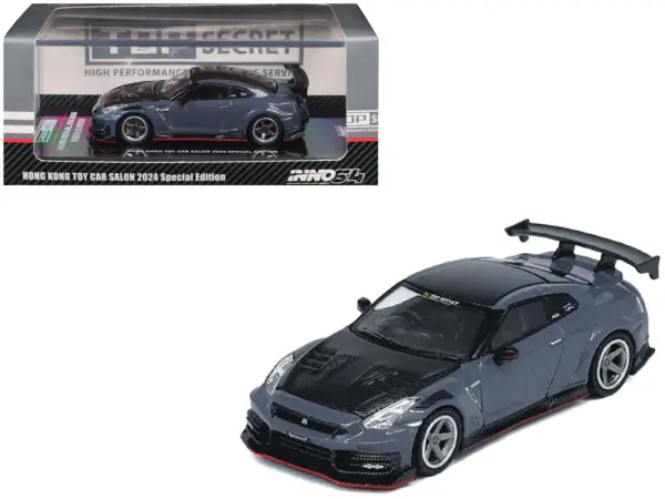 2024 Nissan GT-R (R35) Nismo "Top Secret" RHD (Right Hand Drive) Gray with Carbon Hood and Top "Hong Kong Toy Car Salon 2024 Special Edition" 1/64 Diecast Model Car by Inno Models #1
