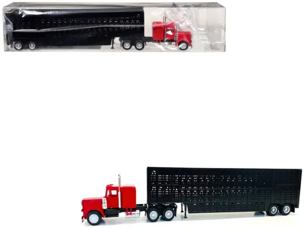 Peterbilt with Sleeper Cab Red with Black Livestock Trailer 1/87 (HO) Plastic Model Car by Promotex #1