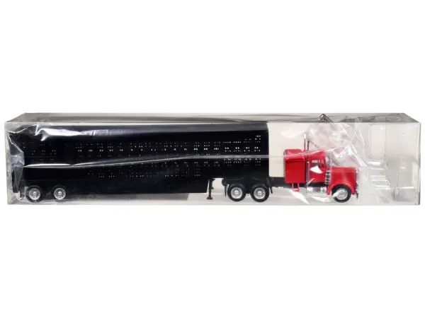 Peterbilt with Sleeper Cab Red with Black Livestock Trailer 1/87 (HO) Plastic Model Car by Promotex #3