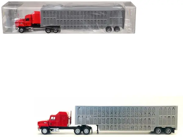 Mack CH 613 with Sleeper Cab Red with Silver Livestock Trailer 1/87 (HO) Plastic Model Car by Promotex #1