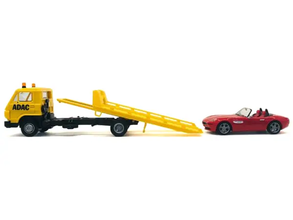 Flatbed Tow Truck "ADAC" Yellow and BMW Z4 Convertible Red Set of 2 pieces 1/87 (HO) Plastic Model Cars by Promotex #2