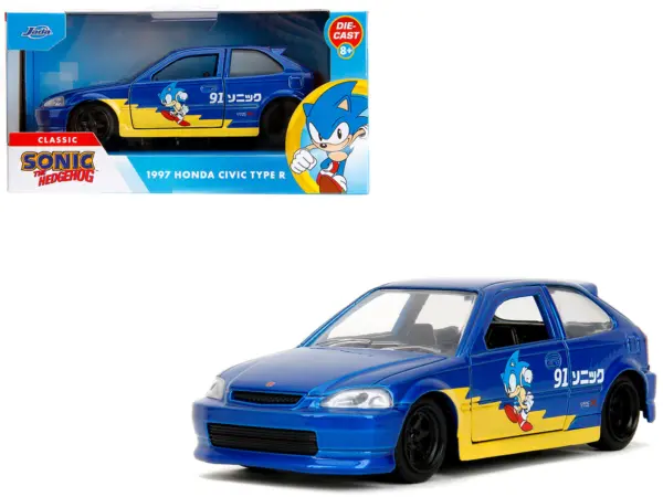 1997 Honda Civic Type R Blue Metallic with Graphics "Sonic the Hedgehog" (1991) Video Game "Hollywood Rides" Series 1/32 Diecast Model Car by Jada #1