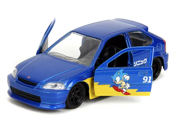1997 Honda Civic Type R Blue Metallic with Graphics "Sonic the Hedgehog" (1991) Video Game "Hollywood Rides" Series 1/32 Diecast Model Car by Jada #2