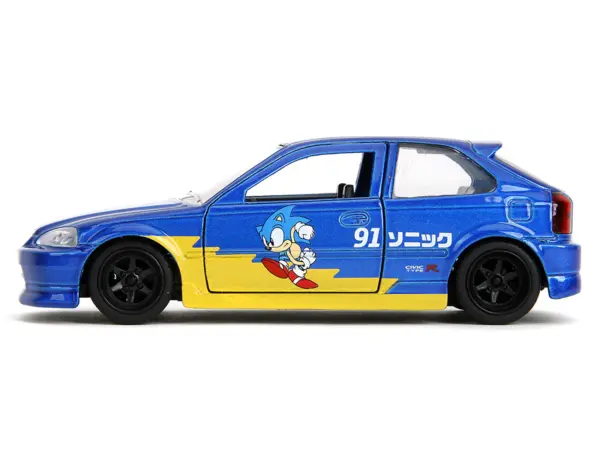 1997 Honda Civic Type R Blue Metallic with Graphics "Sonic the Hedgehog" (1991) Video Game "Hollywood Rides" Series 1/32 Diecast Model Car by Jada #3