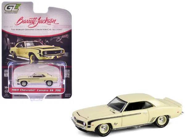 1969 Chevrolet Camaro SS 396 Butternut Yellow with Black Stripes "Barrett-Jackson" Series 15 1/64 Diecast Model Car by Greenlight #1