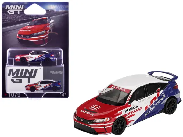 Honda Civic TYPE R "2024 Pace Car HRC" White with Red and Blue Graphics Limited Edition 1/64 Diecast Model Car by Mini GT #1