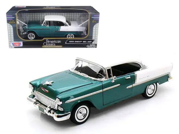 1955 Chevrolet Bel Air Hard Top Green Metallic and White 1/18 Diecast Model Car by Motormax #1