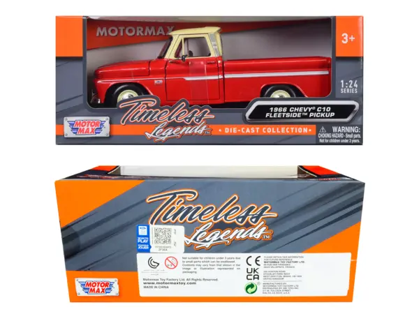 1966 Chevrolet C10 Fleetside Pickup Truck Red with Cream Top "American Classics" 1/24 Diecast Model Car by Motormax #3