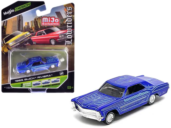 1965 Buick Riviera Candy Blue with Graphics "Lowriders" "Maisto Design" Series 1/64 Diecast Model Car by Maisto #1