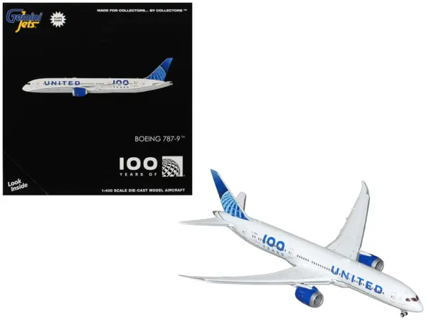 Boeing 787-9 Commercial Aircraft with Flaps Down "United Airlines 100 Years" (N61101) White with Graphics and Blue Tail 1/400 Diecast Model by GeminiJets #1