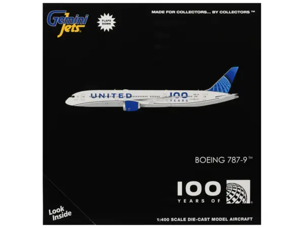 Boeing 787-9 Commercial Aircraft with Flaps Down "United Airlines 100 Years" (N61101) White with Graphics and Blue Tail 1/400 Diecast Model by GeminiJets #3