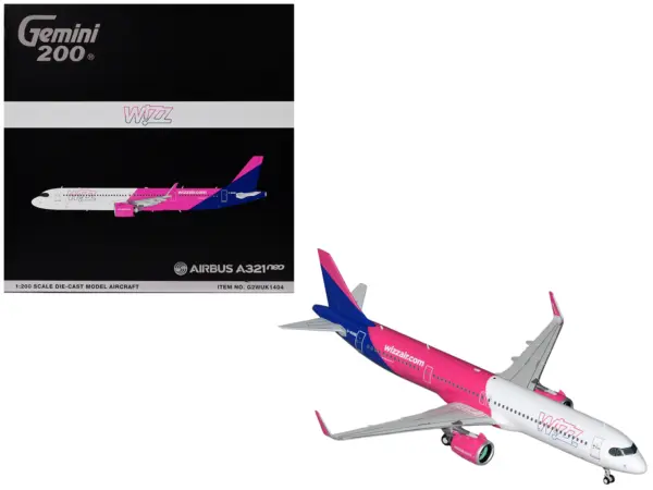 Airbus A321neo Commercial Aircraft "Wizz Air" (G-WUNB) White and Pink with Purple Tail "Gemini 200" Series 1/200 Diecast Model by GeminiJets #1