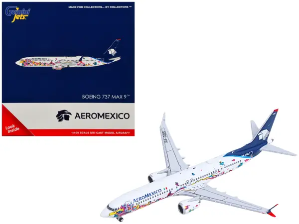Boeing 737 MAX 9 Commercial Aircraft "Aeromexico - Kukulcan" (XA-GQS) White with Graphics and Blue Tail 1/400 Diecast Model by GeminiJets #1