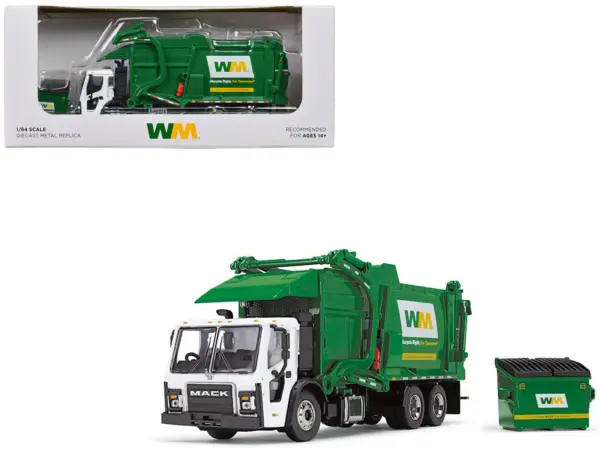 Mack LR Garbage Truck with McNeilus Meridian Front Load Refuse Body White and Green with Refuse Bin "Waste Management" 1/64 Diecast Model by First Gear #1
