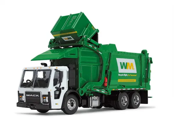 Mack LR Garbage Truck with McNeilus Meridian Front Load Refuse Body White and Green with Refuse Bin "Waste Management" 1/64 Diecast Model by First Gear #3