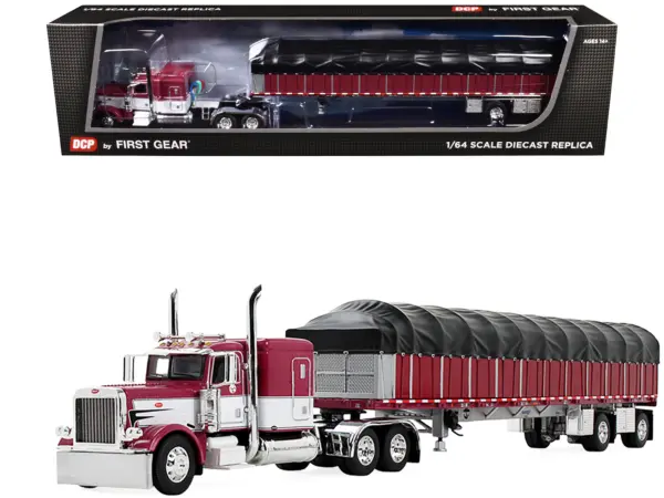 Peterbilt 389 with 63" Flat Top Sleeper and 53’ Wilson Roadbrute Flatbed Trailer with Covered Wagon Maroon with White Stripes 1/64 Diecast Model by DCP/First Gear #1