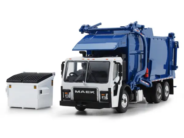Mack LR Refuse Garbage Truck with McNeilus Meridian Front Loader White and Blue with Trash Bin 1/64 Diecast Model by DCP/First Gear #2