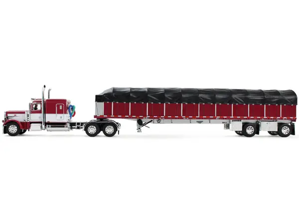 Peterbilt 389 with 63" Flat Top Sleeper and 53’ Wilson Roadbrute Flatbed Trailer with Covered Wagon Maroon with White Stripes 1/64 Diecast Model by DCP/First Gear #2