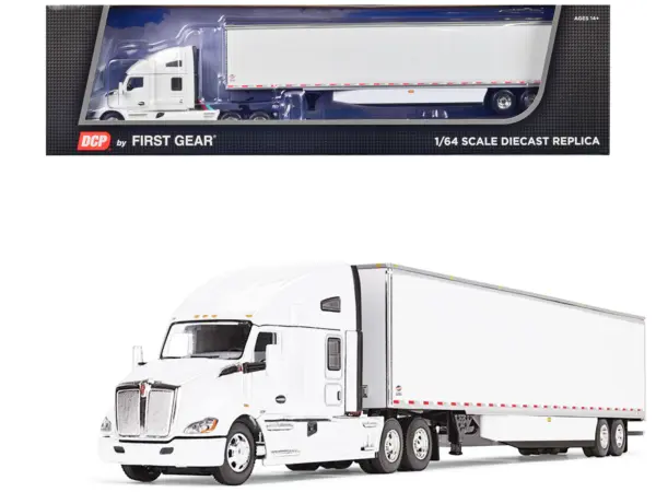 Kenworth T680 with 76" High Roof Sleeper and 53' Smooth Sided Dry Goods Trailer White 1/64 Diecast Model by DCP/First Gear #1