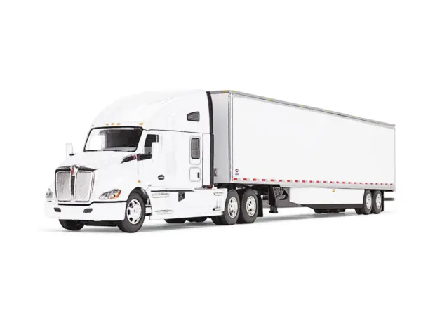 Kenworth T680 with 76" High Roof Sleeper and 53' Smooth Sided Dry Goods Trailer White 1/64 Diecast Model by DCP/First Gear #2