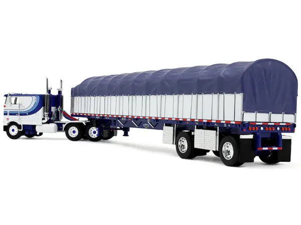 Peterbilt 352 COE 110" Sleeper and 53’ Wilson Roadbrute Flatbed Trailer with Covered Wagon White with Blue Stripes 1/64 Diecast Model by DCP/First Gear #4