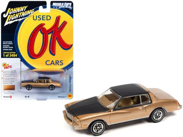 1980 Chevrolet Monte Carlo Light Camel Gold Metallic with Black Top and Hood Limited Edition to 3484 pieces Worldwide "OK Used Cars" 2023 Series 1/64 Diecast Model Car by Johnny Lightning #1