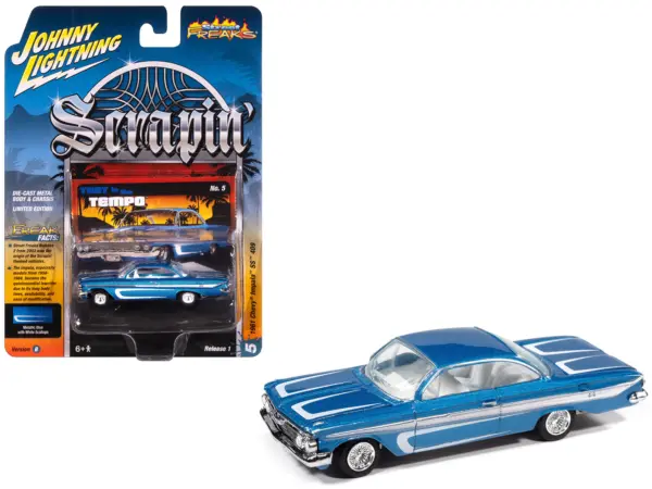 1961 Chevrolet Impala SS 409 Blue Metallic with White Stripes and Interior "Scrapin'" Series 1/64 Diecast Model Car by Johnny Lightning #1